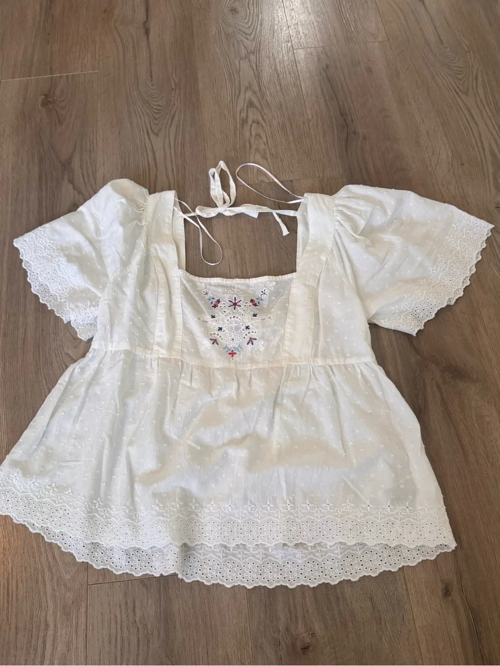 Old Navy White Eyelet Peasant Top with Floral Embroidery